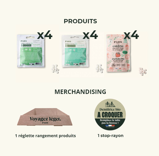 PAOS - Mix de 12 recharges dentifrices à croquer BIO - 3 références - travel + réglette + stop rayon - 500g