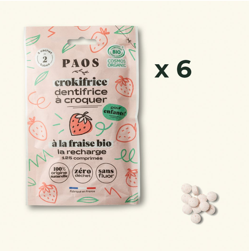 [4PS00021] PAOS - Kit de 6 recharges dentifrices à croquer BIO - Crokifrice - fraise - 0,30g