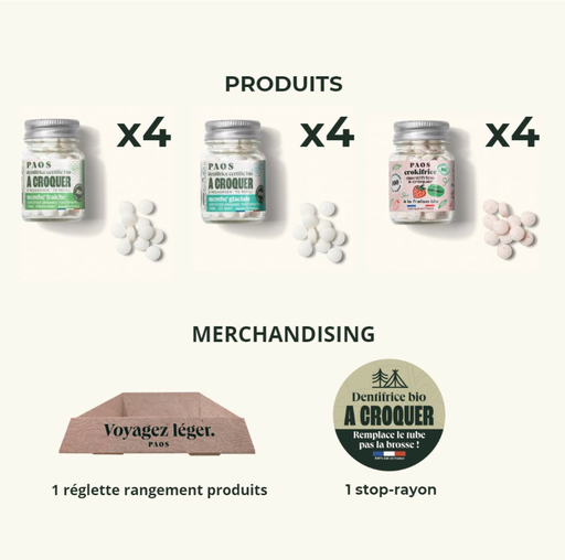 [4PS00028] PAOS - Mix de 12 dentifrices à croquer BIO - 3 références - travel + réglette + stop rayon 