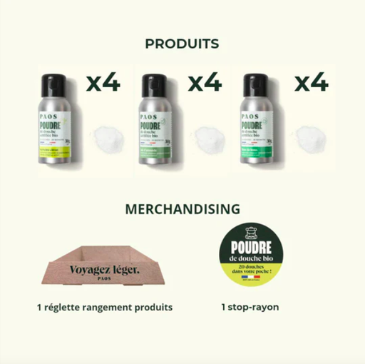 [4PS00042] PAOS - Mix de 12 gels douche poudre BIO - 3 parfums + réglette + stop rayon